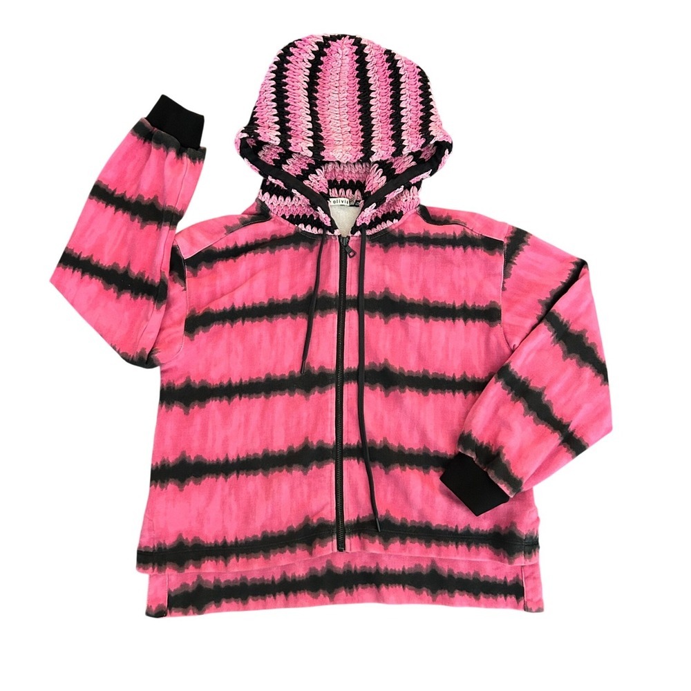 Alice + Olivia Pink Black Tie Dye Crochet Hood Zip Up Hoodie Sweatshirt S (1245)
